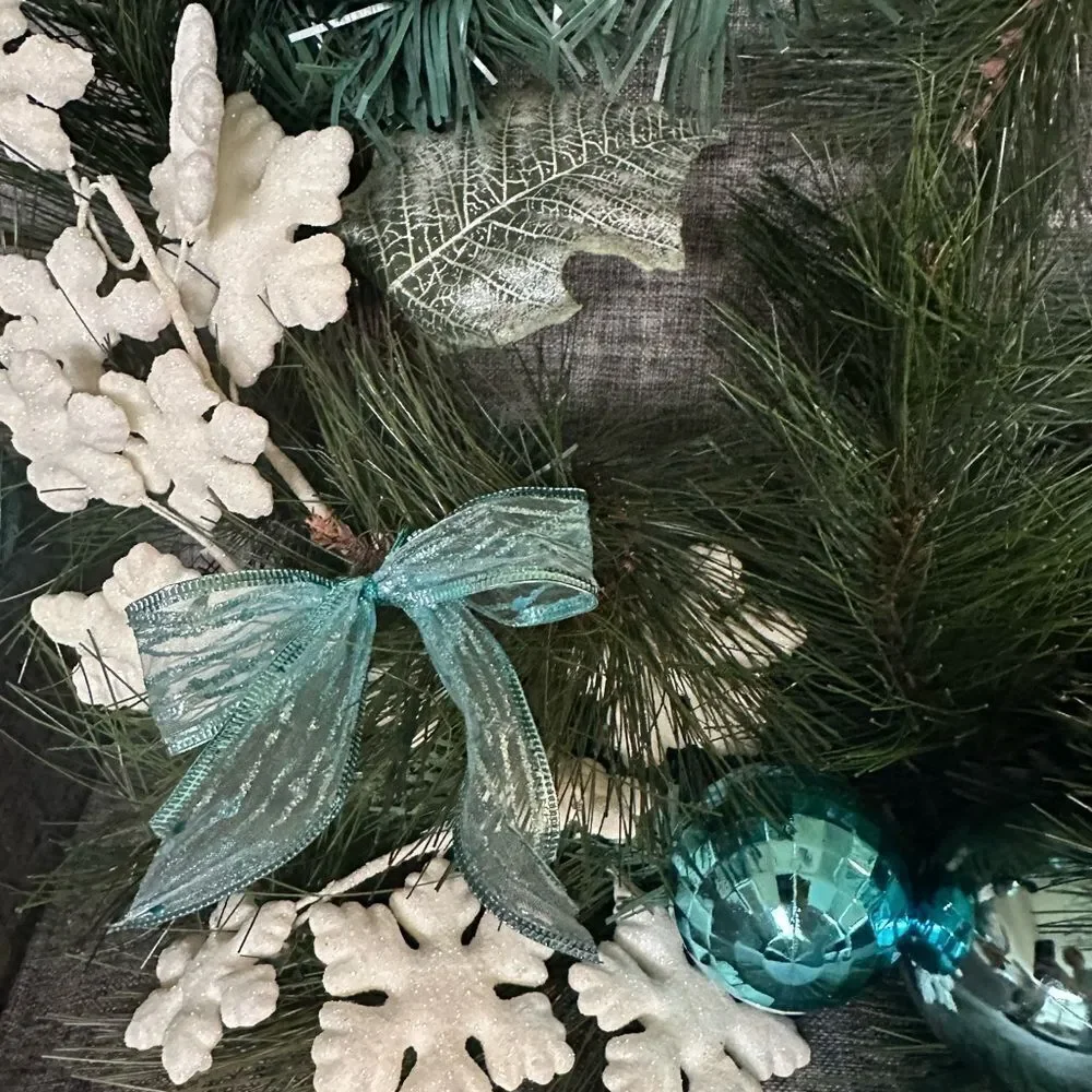 Turquoise Aqua Snowflake Holiday Christmas Pine Wreath